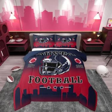 Imagem de Erosebridal Conjunto de edredom solteiro de futebol americano para crianças, meninos, adolescentes e adultos, temática urbana, vermelho, azul, ombré, bola e jogos competitivos (Houston)