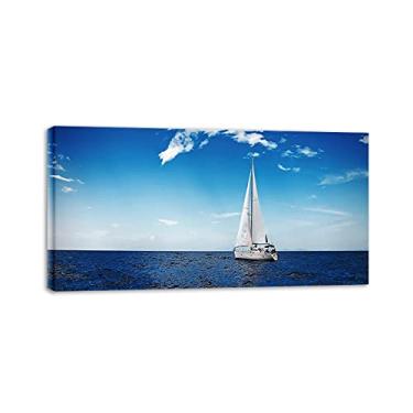 Imagem de Arte de parede em tela natural quadro emoldurado - azul oceano barco nuvem-paisagem impressão em tela - paisagem em tela - pronto para pendurar decoração de parede de sala de estar 68 x 136 cm 26,78 x
