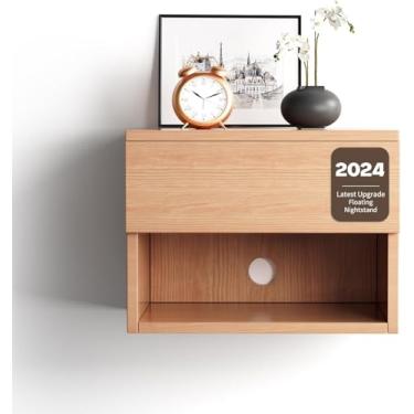 Imagem de Mesa de cabeceira flutuante, mesa de cabeceira moderna montada na parede com gaveta, prateleira de cabeceira de madeira e mesa, mesa de canto moderna de madeira para quarto (Beech QD1, conjunto de 1)