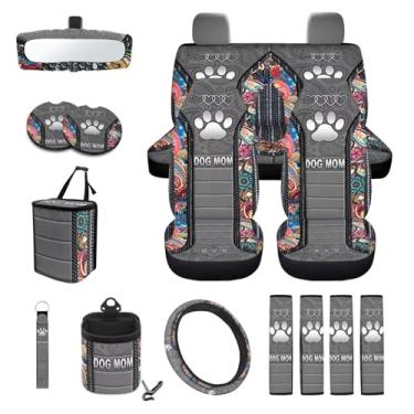 Imagem de Finagallathe 15 peças de capas de assento de carro com estampa de pata de cachorro, conjunto completo de capas de assento automotivas com capa de volante, almofadas de cinto de segurança internas