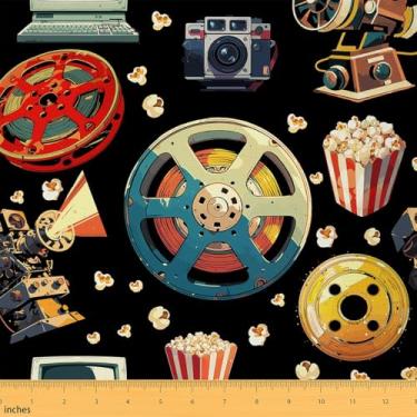 Imagem de Erosebridal Tecido com tema de filme por jarda, tecido de estofamento de cinema vintage para crianças adolescentes, tecido decorativo de pipoca da indústria cinematográfica para meninos e meninas,