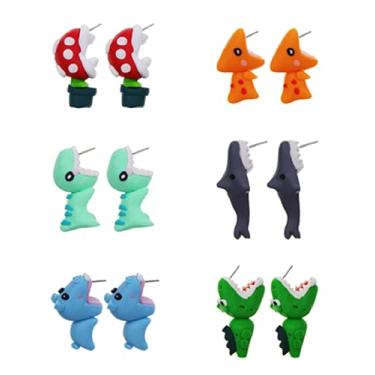 Imagem de Tiande 6 Pares De Brincos Mordida Animal Fofos Feitos À Mão Em Liga Argila, Dinossauro 3D Com Desenho Tubarão Para Mulheres - Estilo 2