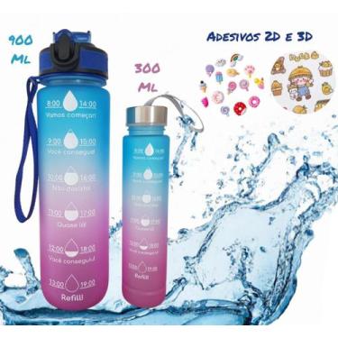 Imagem de Kit Garrafa De Água Motivacional 900ml e 300ml Com Bico Canudo Alça Ad