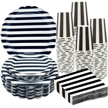 Imagem de Conjunto de pratos de papel recortado listrado preto e branco preto e branco com 100 peças de 23 cm e 17,8 cm, pratos listrados pretos e brancos, copo de guardanapo para casamento, chá de bebê