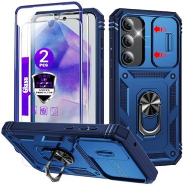 Imagem de YmhxcY Capa para Galaxy A55 5G com capa deslizante para câmera, 2 películas de vidro temperado, suporte de anel giratório de 360°, capa protetora de grau militar para Galaxy A55 5G 6,6 polegadas
