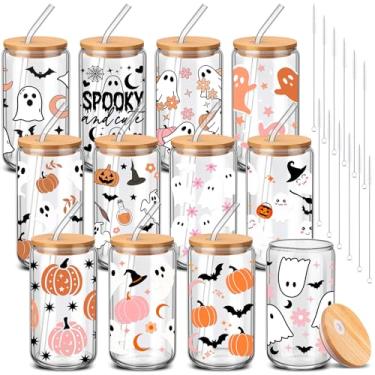 Imagem de Yetene 12 peças de presente fantasma de Halloween a granel fantasma bebendo copos de 473 ml copo de Halloween com tampa de bambu e canudo fofo assustador em forma de lata copo de café para mulheres e