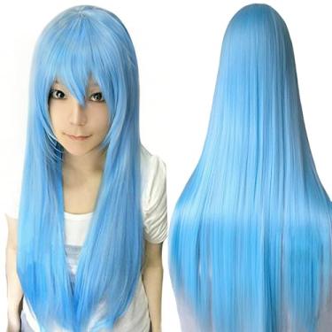 Imagem de IMISSU Perucas de cosplay de cabelo natural longo e reto com franja colorida fantasia de Halloween peruca de festa para menina (Céu azul)