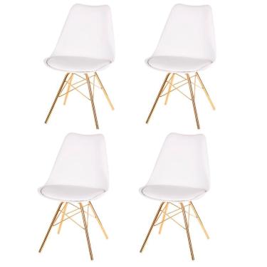 Imagem de Kit 4 Cadeiras Eames Saarinen Joly Anm6067f Anima Office Polipropileno Assento Estofado Pu Branco Base Ferro Dourada