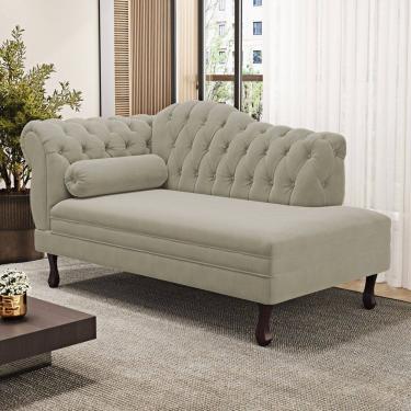 Imagem de Divã Recamier Chaise Longue Lavínia 150cm Capitonê Pés de Madeira Suede Bege - Desk Design