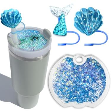 Imagem de Bling Stanley Topper, acessórios de tampa de copo Blue Stanley 1,134 g H2.0 com tampa de palha de sereia de silicone para copos com alça, presente para crianças, namorada, mãe