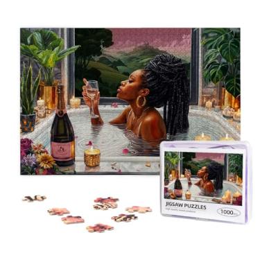 Imagem de 1000 Piece Wooden Jigsaw Puzzle - Black Woman Art of African American Relaxing in Bath with Wine, Challenging Self Care Mindfulness Gift for Her