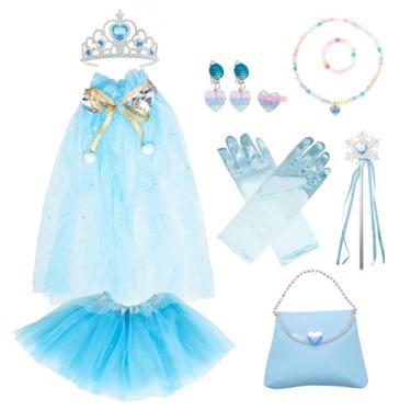 Imagem de Roupas de princesa, 11 peças, fantasia de princesa, colar de saia com capa de menina, capa de princesa com brinquedos de coroa infantil (azul)