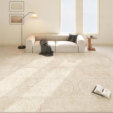 Imagem de Tapetes geométricos bege com linhas creme para sala de estar, decoração minimalista para casa, tapetes confortáveis e macios para quarto (250 x 300 cm (98 x 118 pol.) / YHT119-C)