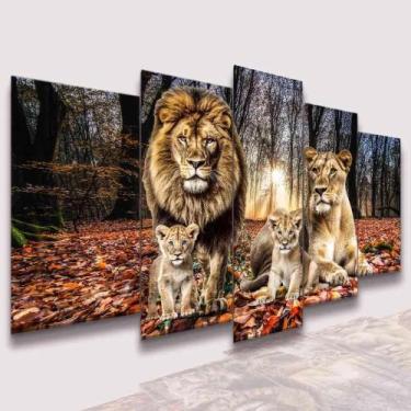 Imagem de Quadro Decorativo 5 Peças Família Leão 2 Filhotes Leão Leoa Colorido C