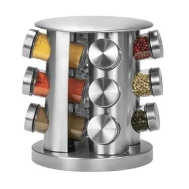 Imagem de Porta Temperos Giratório 12 Peças Aço Inox - Kit Potes Herméticos para Cozinha com Base Rotativa