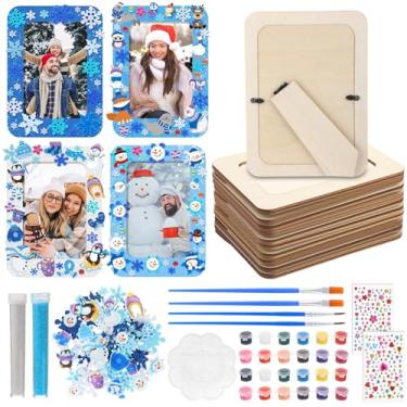 Imagem de AceOrbit 12 conjuntos de porta-retratos de inverno, kit de artesanato, moldura de madeira com espuma de floco de neve, boneco de neve, adesivos de feltro para decoração de strass, ferramentas de