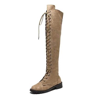 Imagem de Bigfanshu Botas femininas acima do joelho 2021 moda feminina estilo romano sapatos quentes de inverno sexy e slim plus size, Cáqui, 36 BR