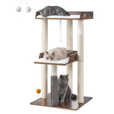 Imagem de FourFurPets Árvore para gatos de 111 cm, torre moderna para gatos grandes em ambientes internos, condomínio para gatos de 3 andares com poste arranhador e almofadas removíveis, árvore de madeira com