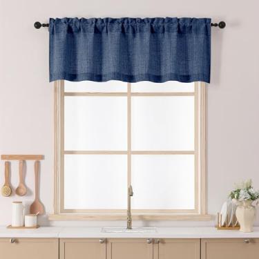 Imagem de Chyhomenyc Saia azul marinho para janelas, cortina curta com filtro de luz de linho sintético texturizada, pequena para cozinha, bolso de haste, cortina curta para banheiro, porão, casa de fazenda