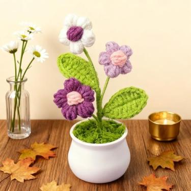 Imagem de Vaso de flores de crochê, vaso de girassol de crochê feito à mão, flores em vasos pequenos, ideais para mesas de casa, varanda, quarto e presentes