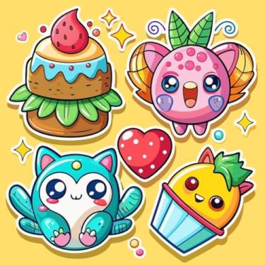 Imagem de Adesivo Kawai Fofo Para Crianças Decorativo De Quarto E Caderno - Mascotes e Bolos Coloridos 30x30cm