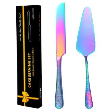 Imagem de XIAOYU Conjunto de 2 peças de faca e servidor de bolo martelado, utensílios de corte de bolo de casamento de aço inoxidável, cortador de bolo e espátula de servir para aniversário, festa, aniversário,