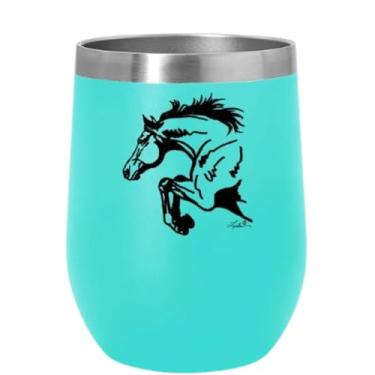 Imagem de Tack Shack of Ocala Copo de vinho AWST com parte superior deslizante em turquesa, rosa e preto com cavalo pulando ou trotando ou cabeça de cavalo (cavalo saltador turquesa)