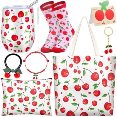 Imagem de JolliKids Presentes de cereja para mulheres, cesta de lembrancinhas de festa de cereja com copo de 340 g com isolamento de aço inoxidável, saco cosmético, meias felpudas, chaveiro, presentes para