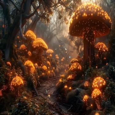 Imagem de Quadro Decorativo Enchanted Woodland com Cogumelos Brilhantes e Fadas Para Sala Quarto Infantil 40x40cm