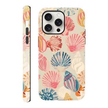 Imagem de Capa compatível com iPhone 15 Pro Max de 6,7 polegadas, capa de telefone de verão com arte de concha do mar rosa, capa rígida híbrida resistente a arranhões de 2 camadas para meninas mulheres e homens