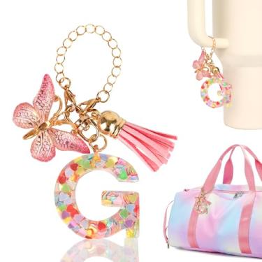 Imagem de Rabrgab Chaveiro com letra inicial pingente para copo Stanley com alça de copo, mochila feminina para meninas, bolsa de mão, acessórios para bolsa Bogg rosa borboleta G