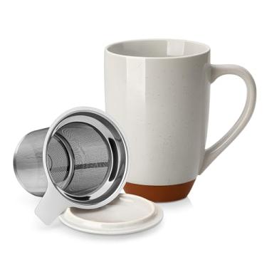 Imagem de MALACASA Caneca de chá de cerâmica com tampa e infusor de aço inoxidável, xícara de chá grande de 510 g para chá de folhas soltas, resistente ao calor, segura para micro-ondas e lava-louças, caneca de