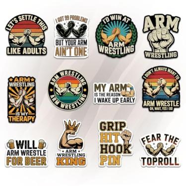 Imagem de Conjunto de 12 adesivos de braço de luta livre, academia engraçada e força com citações como prendedor de gancho e vamos resolver isso como adultos, adesivos para garrafa, telefone, capacete, armário