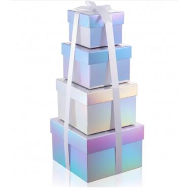 Imagem de Fulmoon Pacote com 4 caixas de presente quadradas prateadas holográficas com tampas, tamanhos variados, 17,8 cm, 15,2 cm, 12,7 cm, 10 cm, com fita para casamento, Natal, aniversário, presente de