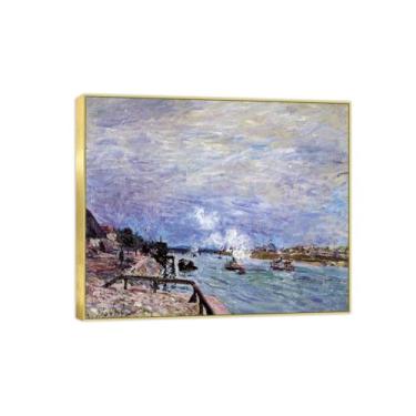 Imagem de BMZFYBS Famosa imagem de paisagem de arte de parede - impressões em tela - Rio na chuva - Pintura com moldura dourada para sala de estar banheiro decoração de casa 30 x 35 cm 12 x 13 polegadas