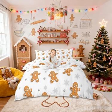 Imagem de Conjunto de capa de edredom infantil masculino de gengibre, tamanho Queen, conjunto de cama feliz Natal floco de neve, decoração de quarto de meninas e meninos, branco e amarelo, 2 fronhas (sem