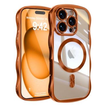 Imagem de UEEBAI Capa para iPhone 16 Pro Max, linda capa de celular magnética com moldura ondulada compatível com Magsafe, capa de celular galvanizada macia para mulheres e meninas - laranja