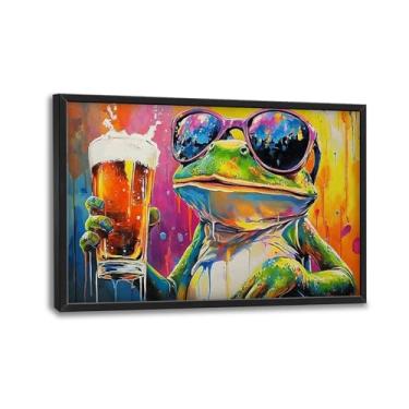 Imagem de Arte de parede de sapo de grafite grande para sala de estar, decoração de parede de sapo engraçado de grandes dimensões emolduradas pintura em tela animal colorida arte moderna para banheiro, quarto