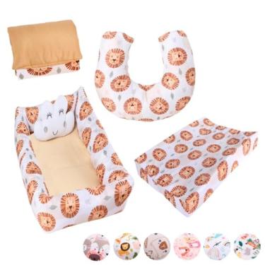 Imagem de Kit Ninho Redutor Quadrado + Almofada de Amamentação Sublimada + Trocador Anatômico + Trocador Portátil Menino e Menina(LEÃOZINHO)