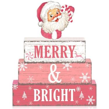 Imagem de Geelin 4 peças decoração de mesa de madeira de Natal rosa inverno Papai Noel decoração de mesa de centro de mesa rústica placa decorativa bloco decoração de casa de fazenda decoração de mesa para casa