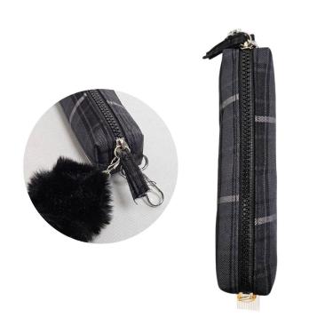 Imagem de Estojo Escolar Xadrez Preto com Pompom Fofo Multiuso Organização Zíper Aula Estudos Material Lápis