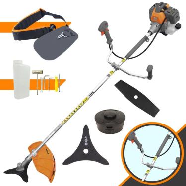 Imagem de Roçadeira Robusta À Gasolina Tekna RL430P 43cc 1,7HP de Potência 2 Tempos Alta Rotação Completa Com Carretel Nylon + Faca 2 Pontas + Faca 3 Pontas