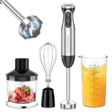 Imagem de Liquidificador portátil de imersão, liquidificador manual de aço inoxidável Bonsenkitchen com 20 velocidades e turbo, batedeira manual 4 em 1 com batedor de ovos, copo de 680 g e tigela picadora de 500 ml para vitaminas, purê, comida de bebê