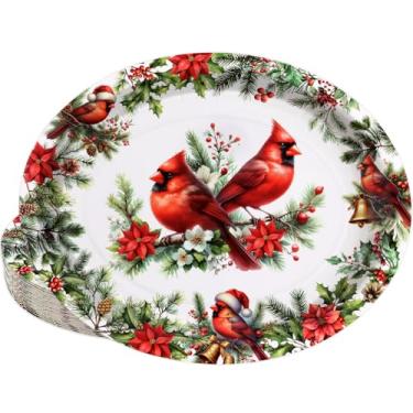 Imagem de Treasure Cove Pratos de papel de Natal, descartáveis, ovais, cardeais, utensílios de mesa, decorativos, para Natal, férias, jantares, festas, 24 peças, 25 x 30 cm