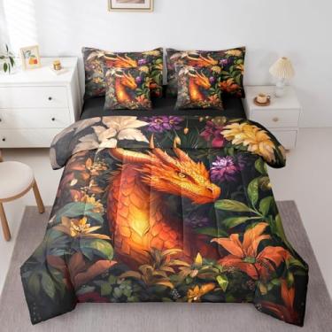 Imagem de Erosebridal Jogo de cama solteiro de dragão laranja com dragão exótico do oeste, fantasia e vida selvagem mágica, tamanho solteiro para decoração de quarto de crianças, adolescentes e adultos