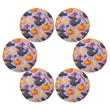 Imagem de Wassud Jogo americano conjunto de 6 lindos chapéus de bruxa de corvos tapetes de mesa redondos para cozinha e jantar tapetes laváveis resistentes ao calor decoração de mesa 39 cm