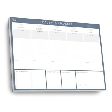 Imagem de Clear Mind Concepts Focus Work Planner – Organizador semanal de mesa de produtividade, 52 folhas destacáveis sem data, layout de segunda a sexta, 29,7 cm x 21 cm - Prioridades, tarefas, notas e
