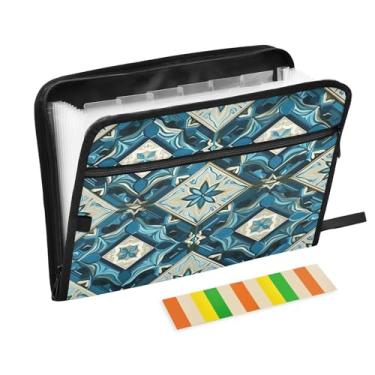 Imagem de Wassud Azulejo ornamentado azul com 13 bolsos, organizador de arquivos sanfonados, pastas expansíveis com abas e adesivos, organizador de pastas de documentos de recibo de papel tamanho carta A4 para