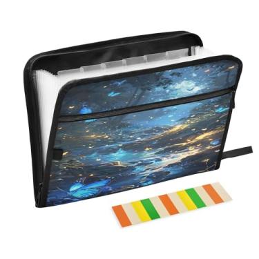 Imagem de Wassud Acordeão de borboletas azuis brilhantes organizador de arquivos de papel A4 pastas de arquivo de documentos com etiquetas pasta de arquivo expansível 13 bolsos