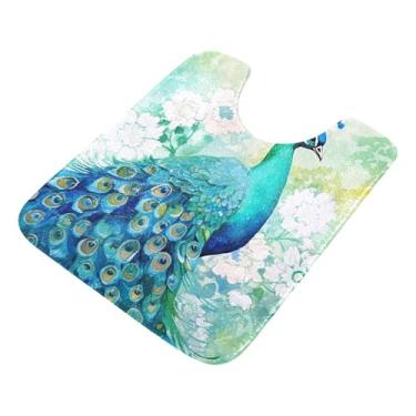Imagem de Burbuja Tapete de banheiro pavão aquarela, tapete de banho absorvente de pelúcia macio, base de vaso sanitário antiderrapante para piso de banheiro, oval em forma de U